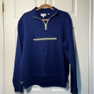 LACOSTE Men's Blue Half-Zip Mouline Sweatshirt with Kangaroo Pocket Size XL